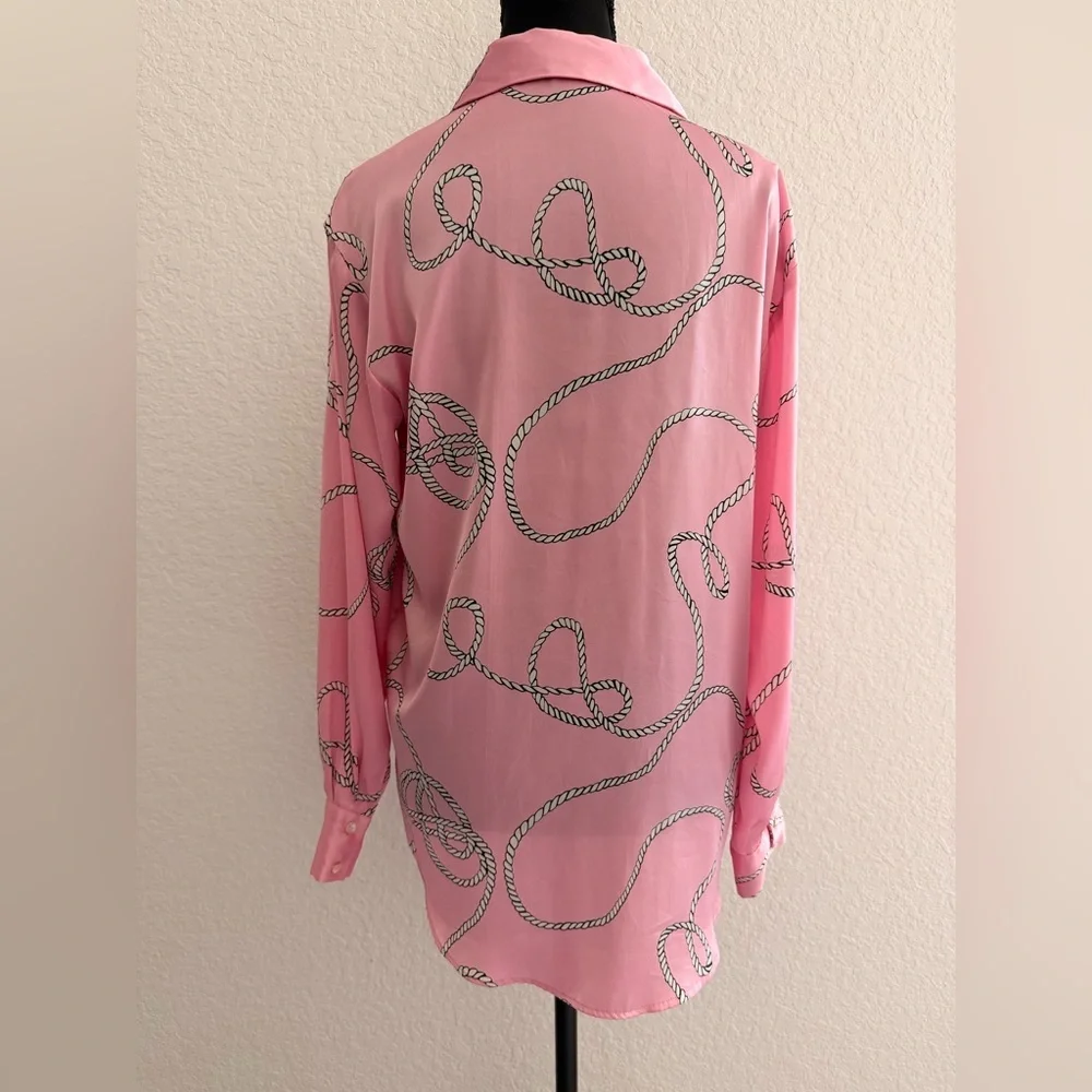 ZARA Satin Pink Rope & Chain Print Button Down Shirt | Nautical Chic